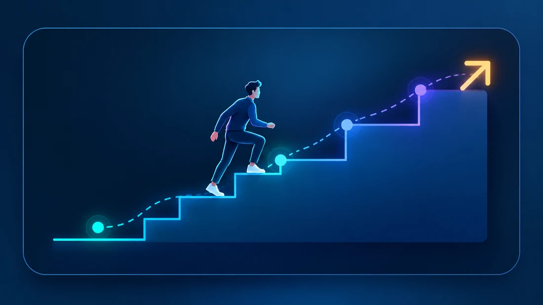 Illustration of a person climbing illuminated career steps